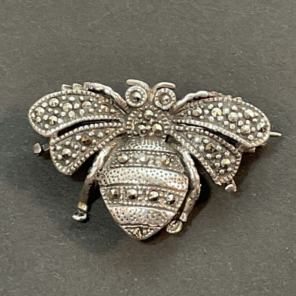 Marcasite Bumble Bee Pin Sterling Brooch Vintage Sterling 925 Signed Insect 1”